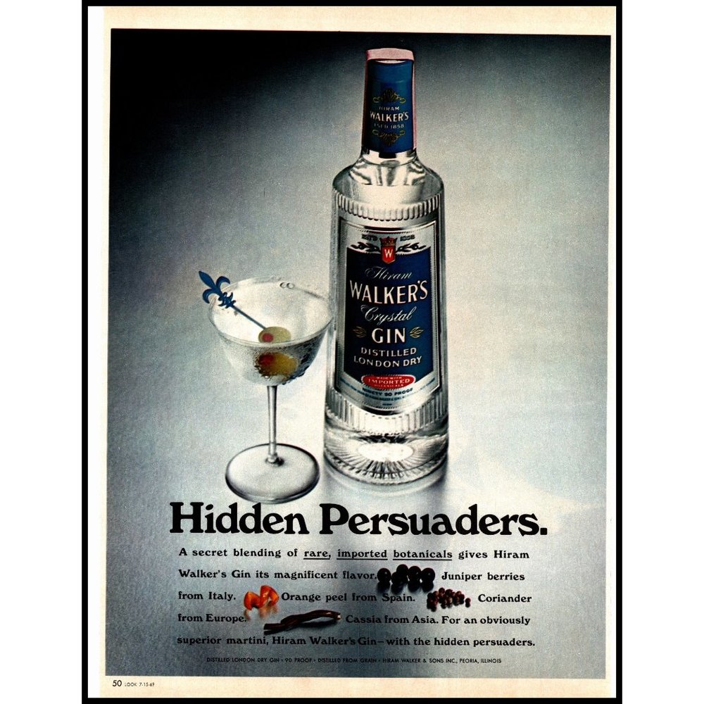 1969 Walker's London Dry Gin Vintage Print Ad Martini Glass Green Olive Wall Art